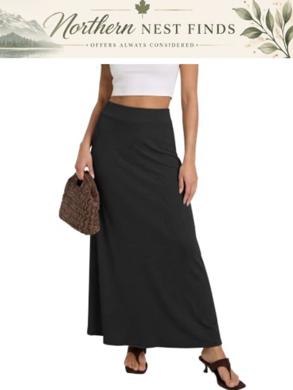 High Waisted A-Line Knit Maxi Skirt with Slit Below Knee Stretch Casual